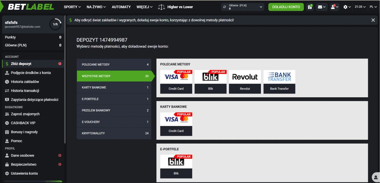 Betlabel sekcja konta